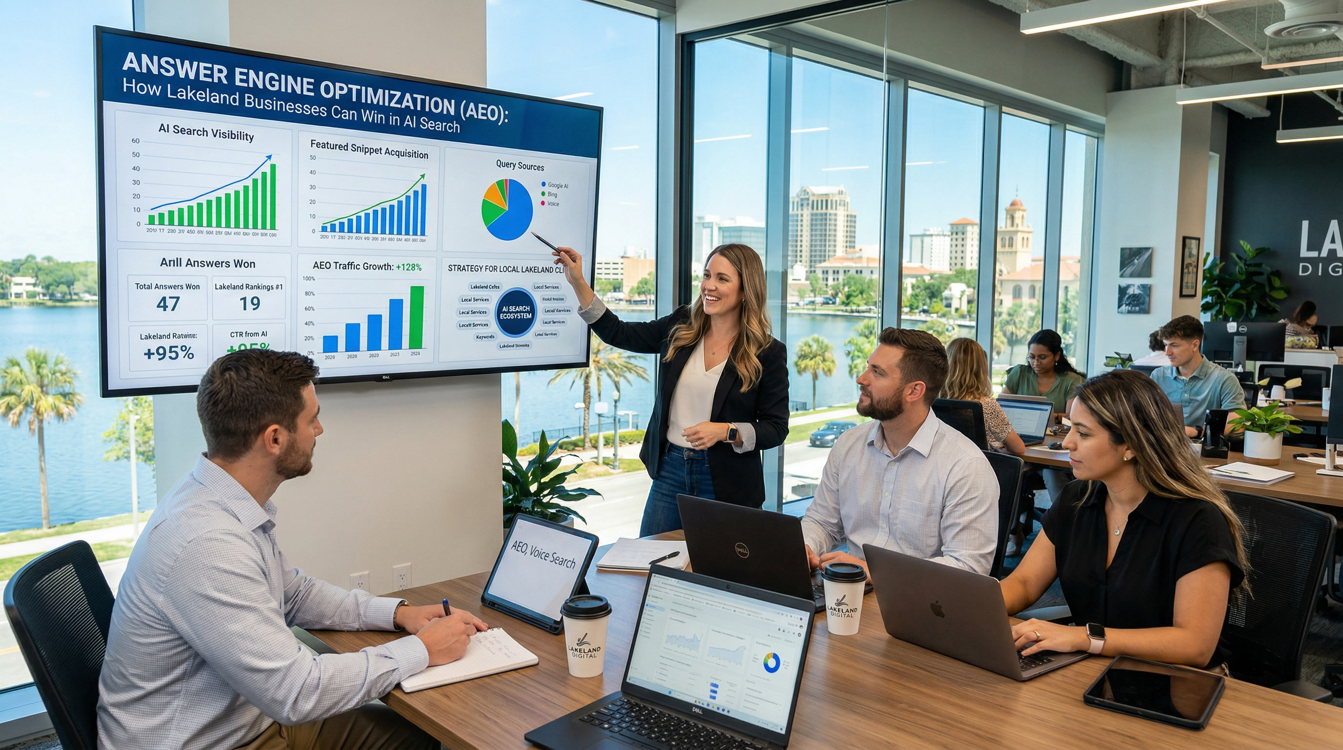 Lakeland FL skyline with Lake Mirror and AI search interface representing AEO for local businesses